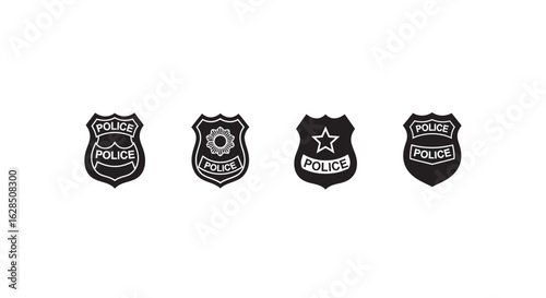 Collection of four distinct police badge silhouettes on white background