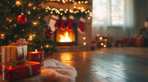 Cozy christmas living room with tree, fireplace, and decorations