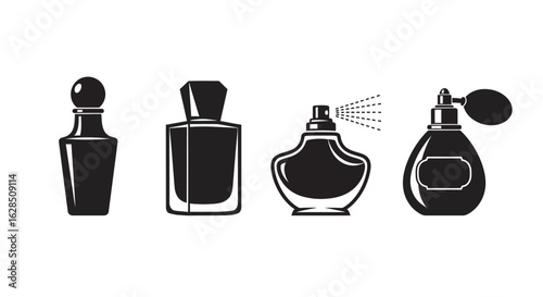 Collection of elegant perfume bottles in a simple black silhouette style