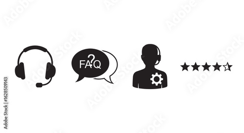 Customer service icons including headphones faq support agent and rating stars silhouette