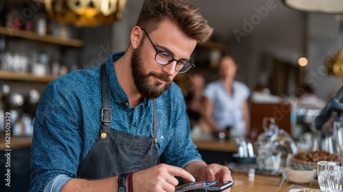 Coffee Shop Entrepreneur at Work: A focused entrepreneur diligently utilizes a smartphone, engrossed in his work in a busy coffee shop.