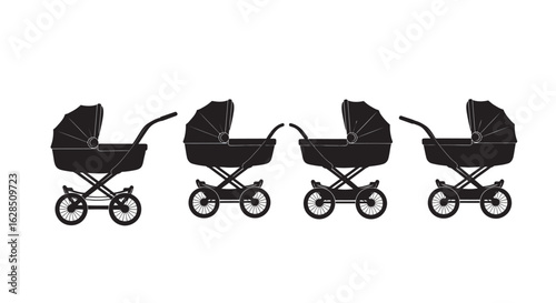 Four vintage baby stroller silhouettes on a white background