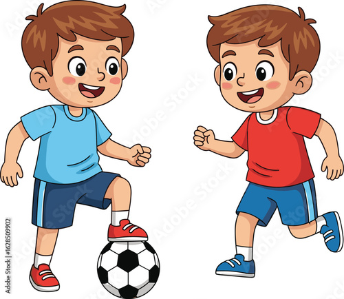 Cartoon kids playing soccer, boy with ball, running child, sports activity, teamwork, outdoor fun, athletic illustration, playful scene