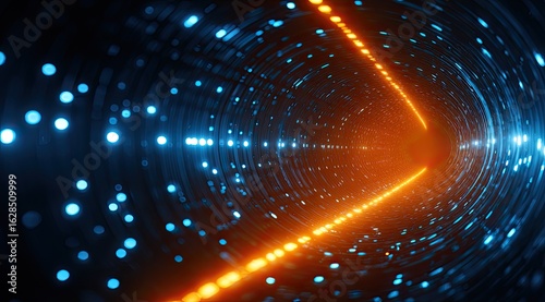 A vibrant, glowing tunnel with concentric circles of blue and orange light