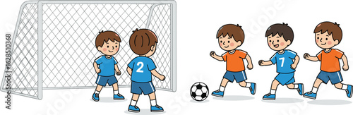 Cartoon kids playing soccer, dribbling ball, numbered jerseys, goalpost scene, teamwork, sports activity, outdoor fun, athletic illustration