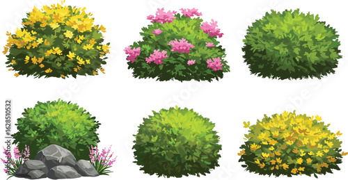 Colorful flowering bushes vector set, cartoon garden shrubs with yellow and pink flowers, isolated landscape plants for decorative outdoor nature scene design