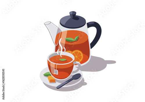 Tea pot and cup with steaming tea and orange slices on saucer  