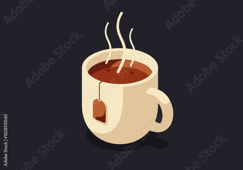 Hot cup of tea with steam and teabag on dark background  