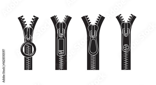 Four black zipper silhouettes with different pull tabs and styles