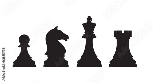 Four black chess piece silhouettes pawn knight king and rook silhouette