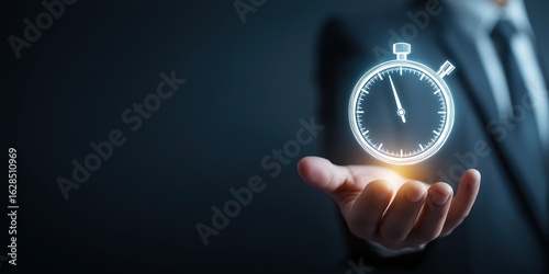 Faceless businessperson presenting a glowing stopwatch icon, symbol of time tracking and efficiency tools 