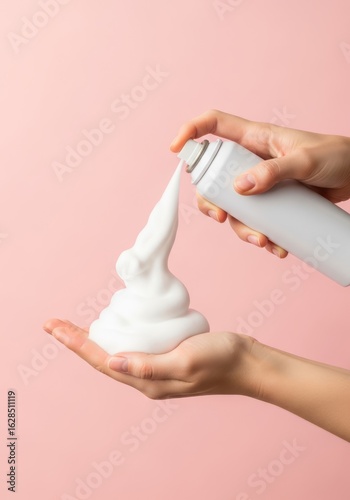 Womans hands applying white shaving foam from a spray bottle against a pink background