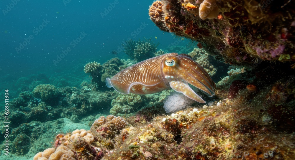 Fototapeta premium Vigilant Cuttlefish Mother Lays Her Glistening Eggs on a Vibrant Coral Reef