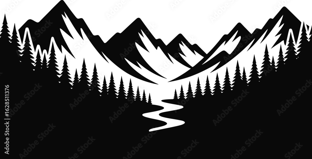 Obraz premium Black silhouette mountain scene with pine forest and river vector illustration for outdoor designs
