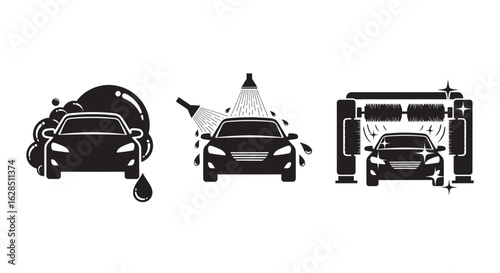 Car wash process with cleaning supplies and automatic wash bay silhouette