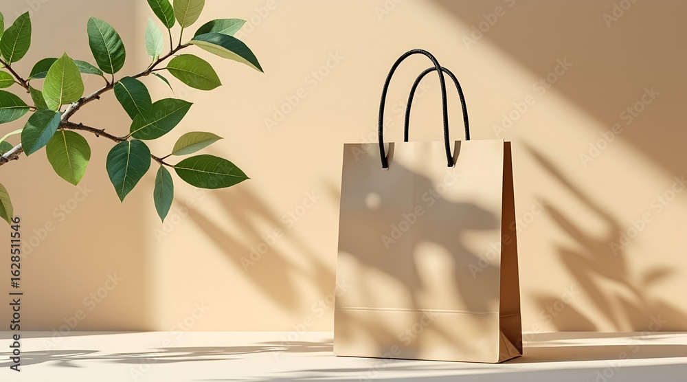 Fototapeta premium Brown paper shopping bag with plant and sunlight shadows