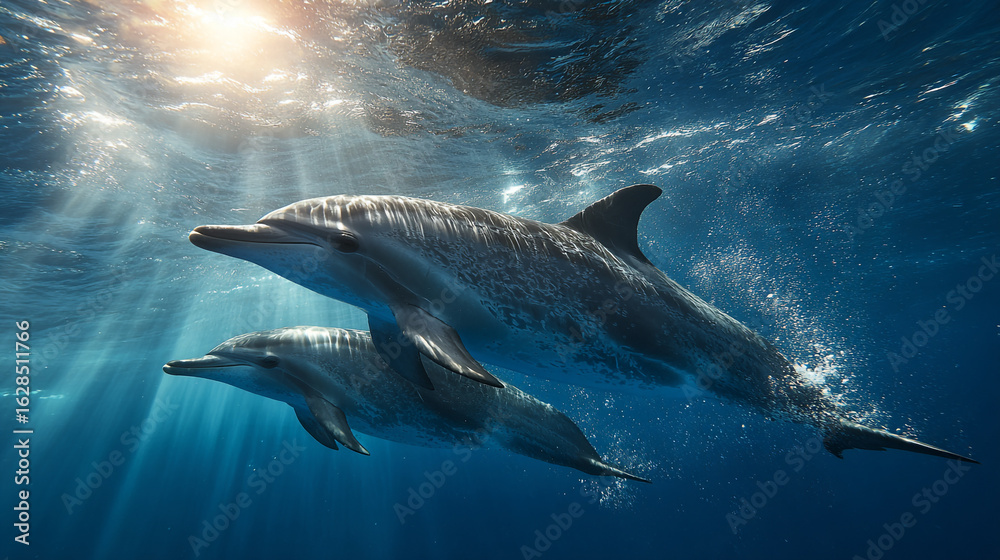 Naklejka premium Two Dolphin Swimming Underwater in Ocean with Sun Rays