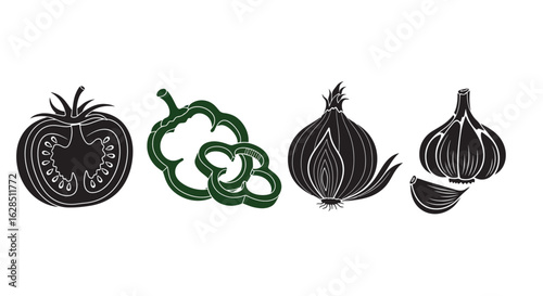 A collection of fresh vegetables including tomato pepper onion and garlic in a simple silhouette