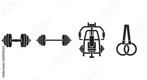 Collection of gym equipment including dumbbells barbell weight machine and gymnastics rings silhouette