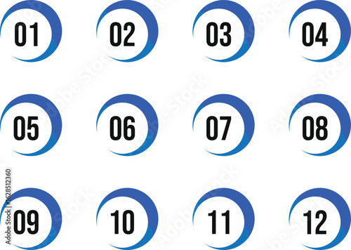 Blue circular bullet number icon from one to twelve