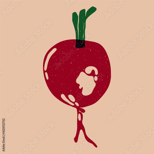 Fresh beetroot. Raw beet risograph effect, cartoon whole sweet tuberous vegetable, flat organic crop with green leafs for healthy nutrition food. Vector illustration