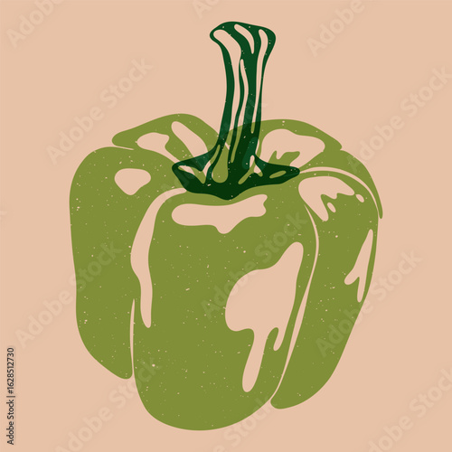 Green bell pepper. Organic farm food riso print effect, abstract risograph spicy vegetarian product, fresh vegetable clipart for healthy restaurant menu, cartoon eco food sticker. Vector illustration