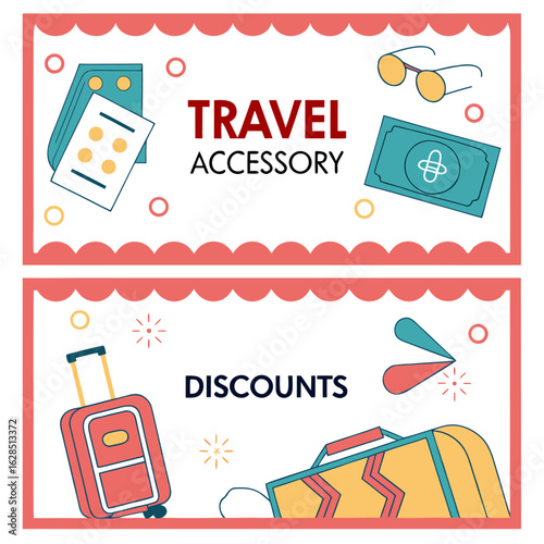 Illustration of travel accessories and luggage with the words travel accessory and discounts in banners