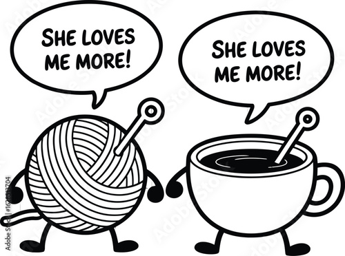 Yarn ball and coffee cup characters knitting needle
