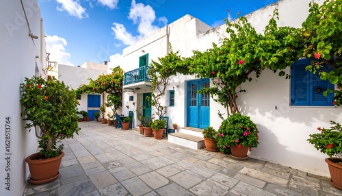 Fototapeta Naklejka Na Ścianę i Meble -  Whitewashed alleyway with vibrant flowers