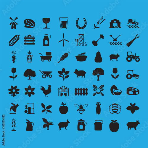 Collection of black farm and agriculture icons on a solid blue background showcasing rural life and farming activities