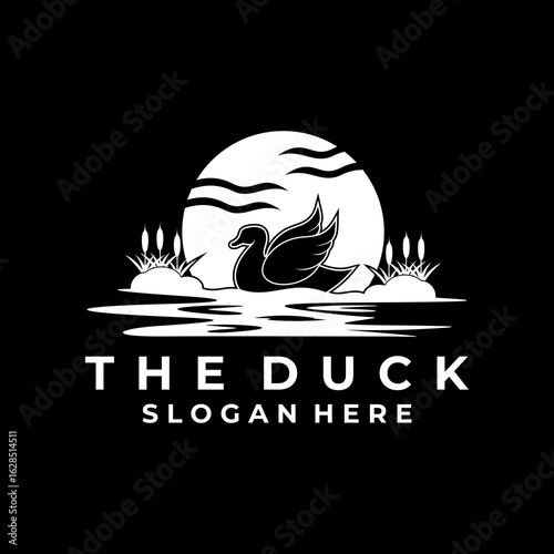 Duck wildlife logo design vector. Duck with sun and swamp logo design vector