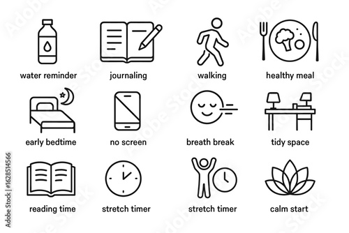 Icons for healthy habits and lifestyle tips: journaling, walking, and relaxation