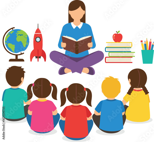 Cartoon teacher reading book to children, classroom scene with globe, rocket, books, pencils, educational storytelling illustration for kids