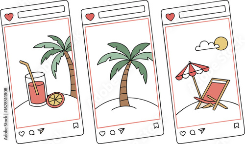 Three instagram posts featuring a drink and palm tree and beach chair with umbrella and sun illustration