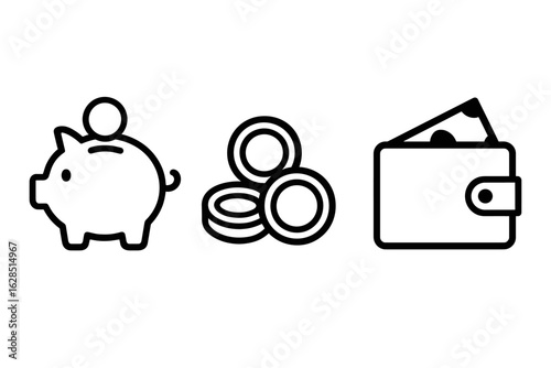 Savings icons: piggy bank, coins, and wallet outline