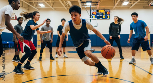 Diverse group of teenage students playing basketball in school gym. Asian student dribbling ball while teammates and opponents position around court during PE class.