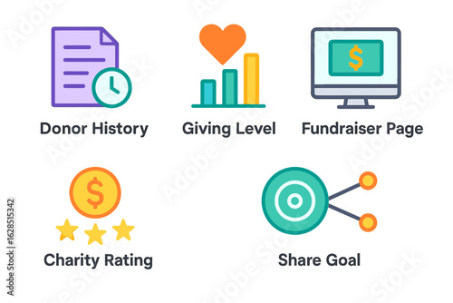 Charity dashboard icons: donor history, giving level, fundraiser page, charity rating, share goal