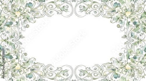Floral Frame with Greenery and Delicate Swirls on White