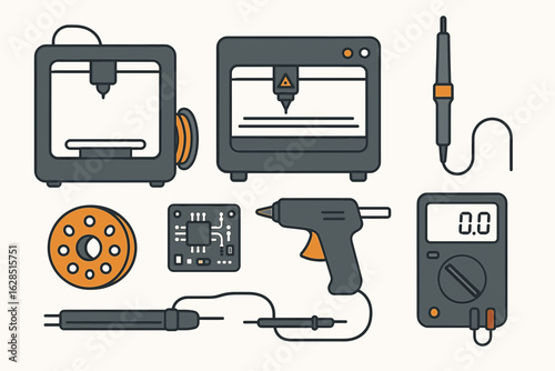 3d printers, circuit board, and tools illustration for diy electronics