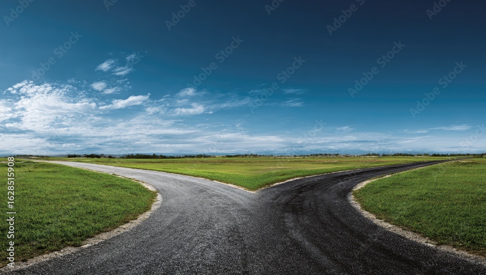 Fototapeta premium A paved road forks into two paths, leading into a grassy field under a partly cloudy sky