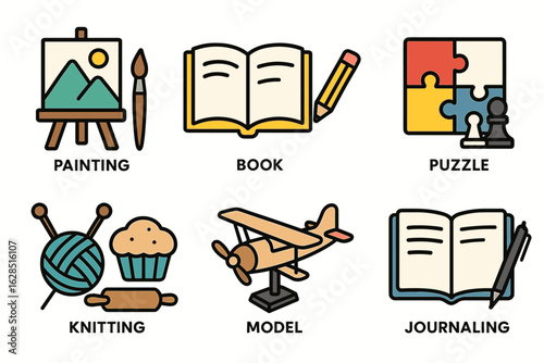 Creative hobbies illustration: painting, reading, puzzles, knitting, modeling, journaling icons