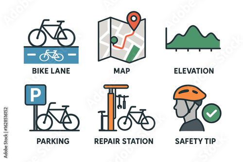 Cycling amenities map with bike lane, elevation, parking, repair stations, safety tips