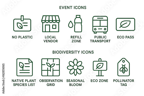 Eco and biodiversity event icons highlighting sustainability initiatives