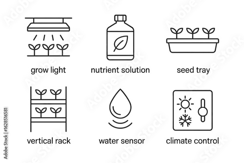 Hydroponics elements: grow light, nutrient solution, seed tray icons