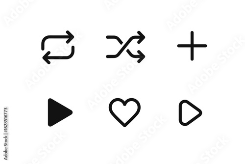Minimalist media icons set: shuffle, repeat, play, add, heart