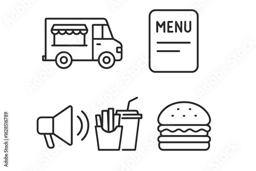 Food truck outline with burger, menu, fries, drink, and speaker icons