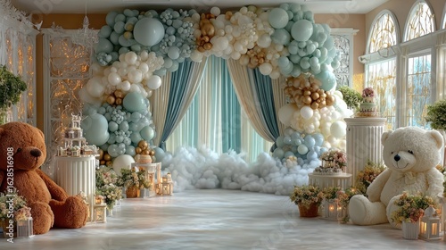 Decorative stage with balloons and teddy bears for a children's birthday party. Independence Day of India.