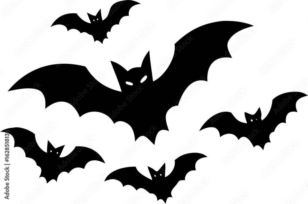 Fototapeta premium Black bats, flying bats, Halloween icons, bat silhouettes, vector graphics isolated on Transparent Background