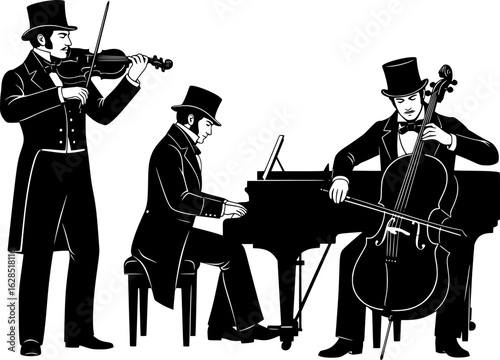 A black and white illustration  trio of male musicians dressed in formal Victorian-era attire, The musicians are playing a violin, a grand piano, and a cello