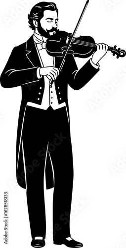 A black and white illustration of a bearded man dressed in formal Victorian-era attire, including a tailcoat and bowtie, playing a violin